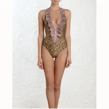 Купальник для женщин с принтом, пуговицы, оборки, Холтер, Цельный Монокини, глубокое погружение, бикини, пуш-ап, купальники, купальный комплект, пляжная одежда