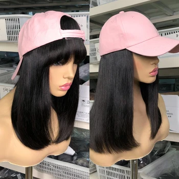 

KL Human Hair Wigs With Bangs Straight Full Machine Made Wig With Hat Natural Color Brazilian Remy Hair With Straps 180% Density
