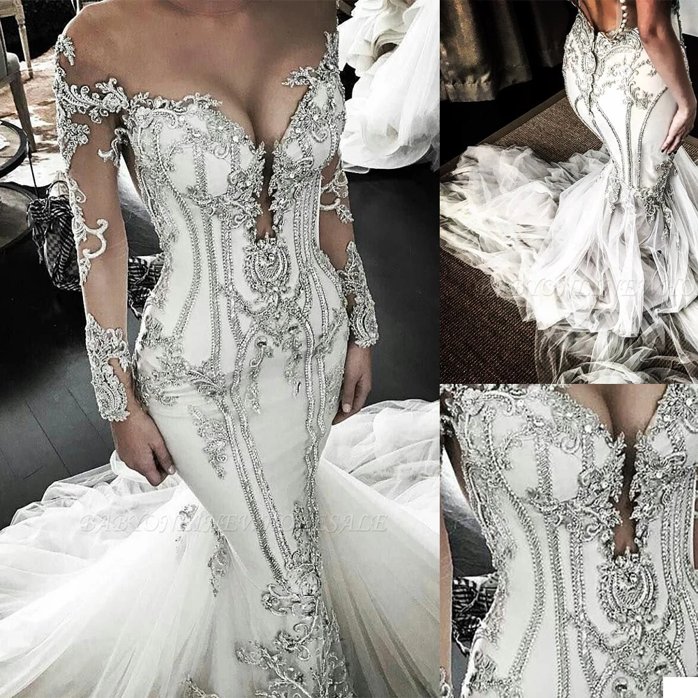 

Роскошные свадебные платья-русалки с открытыми плечами и длинными рукавами, кружевные свадебные платья с аппликацией, индивидуальный пошив, свадебное платье со шлейфом