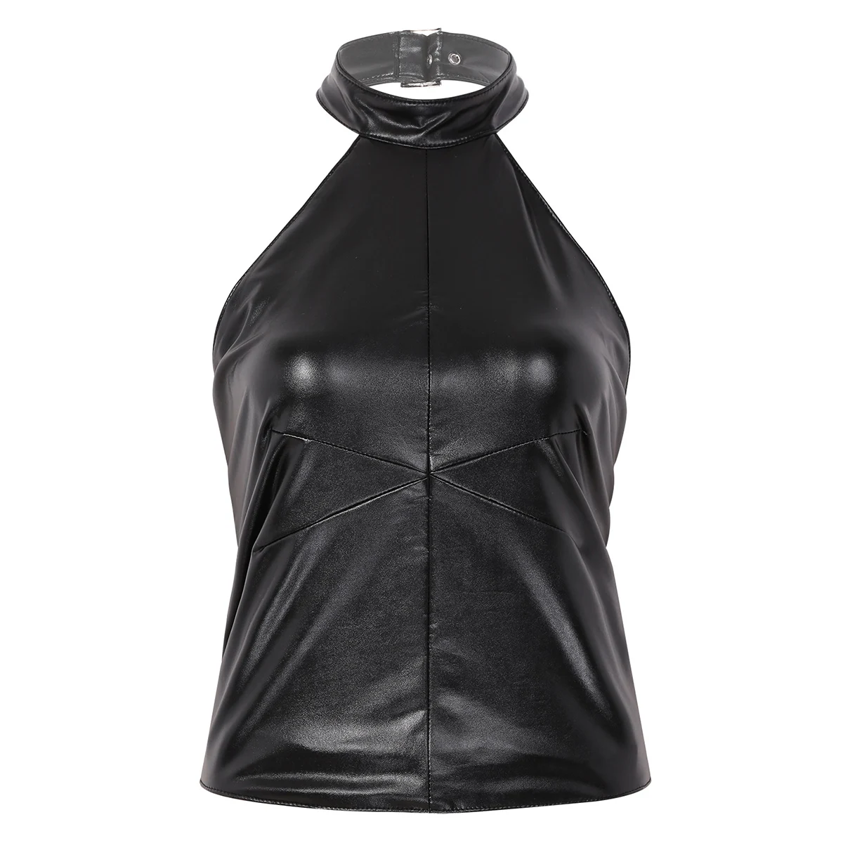 Новинка, Женская Клубная одежда Wetlook, искусственная кожа, Холтер, без рукавов, с открытой спиной, с пряжкой, топы, жилет, Rave Pole, одежда для танцевального клуба
