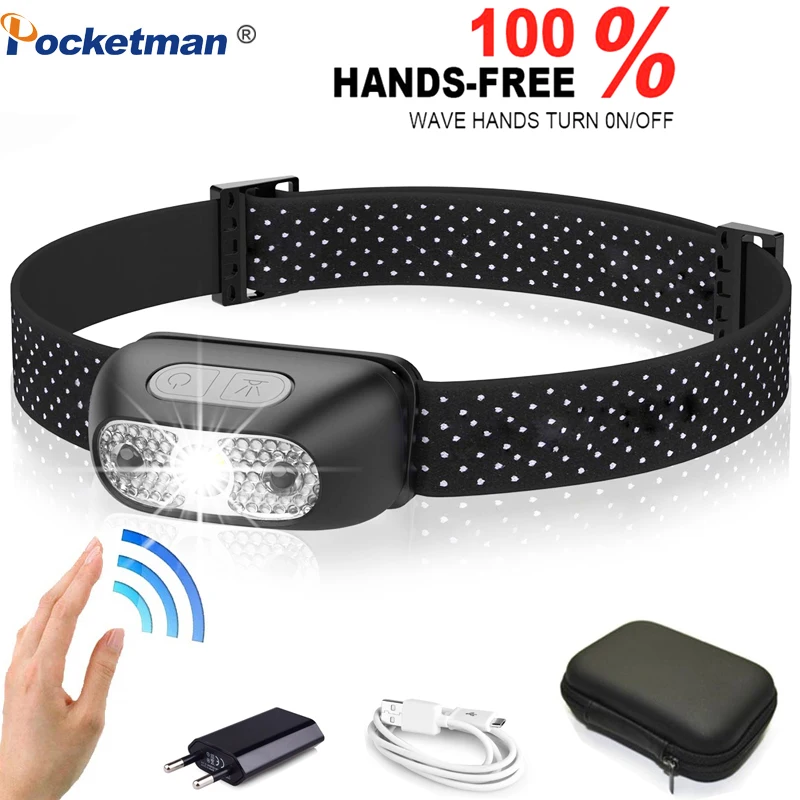 

6000Lumens LED Headlight headlamp Rechargeable Body Motion Sensor Head Light Lamp Ultra Bright Best With USB Camping, fishing