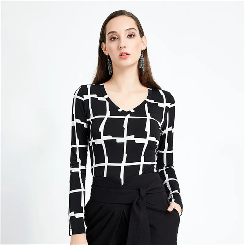 

Women Tees Wiinter Tshirt Long Sleeve Fashion Top Plaid Print T Shirt V Neck Streetwear New Office Lady Tshirt Party Club Tops