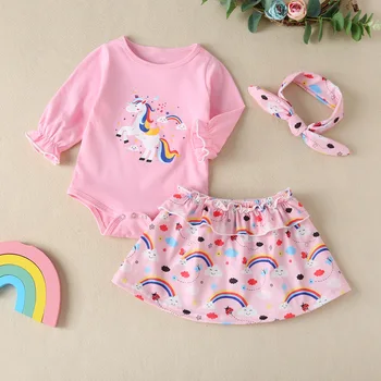 

2020 New Baby Girls Clothing Sets Infant Kids Cartoon Unicorn Romper + Skirt 2 pcs Clothes Suit Chilrem's Long Sleeve Jumpsuit