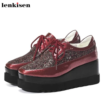 

Lenkisen young lady fashion shiny mixed colors cow leather lace up square toe high heels thick bottom autumn women shoes L63