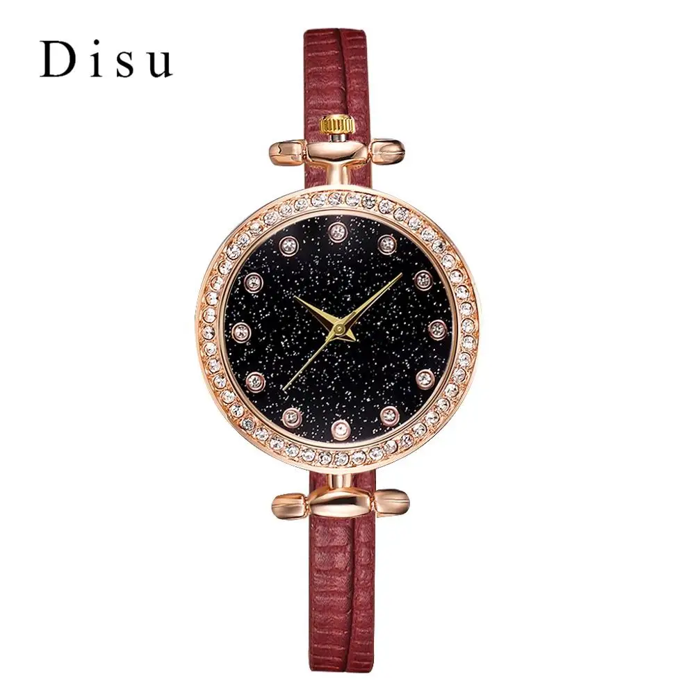 Брендовые простые женские Часы повседневные винтажные маленькие кожаные Наручные часы со стразами кварцевые женские часы платье наручные часы для женщин s - Цвет: Красный