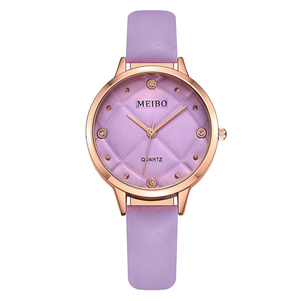 Модные женские часы relogio женский браслет с бриллиантовым узором, кварцевый Кожаный ремешок для часов, простые тонкие женские часы с ремешком - Цвет: Purple