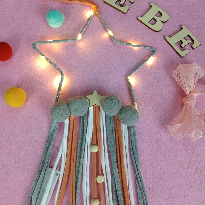 Decoration 5 Star Shape Beads Pendant Ornament Wall Hanging Dream Catcher Nordic DIY Home Props with LED Lamp Tassels - Цвет: Gray Orange