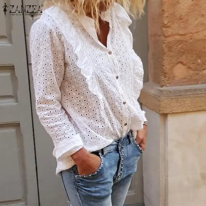  ZANZEA Embroidery Blouse Women Elegant Ruffles Shirt Sexy Hollw Out Loose Solid Tops Work Office La