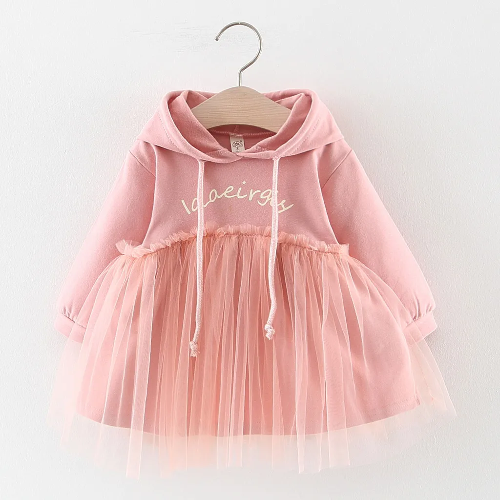 Платье для маленьких девочек vestido Infantil Menina فساتين اطفال зимняя модная одежда со складками с буквенным принтом и юбкой из фатина в стиле «пэчворк», с длинным рукавом с капюшоном платье Z4