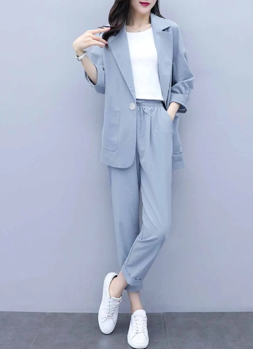 Корейский стиль, Женский блейзер, костюм, наборы, Осень-зима, однотонный, с зубцами, Блейзер, пальто и длинные, для офиса, леди, брюки, наборы, WDC3955 - Цвет: Blue