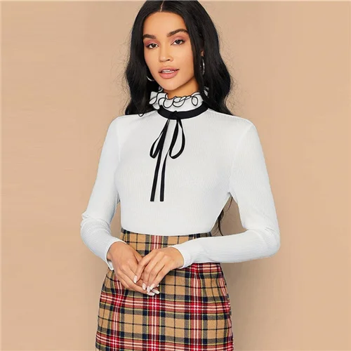Белый Dotfashion повседневная женская футболка с оборками на шее и бантом, осень, контрастная вязка, ребристая вязка, топы для девушек, однотонный эластичный Топ - Цвет: Белый