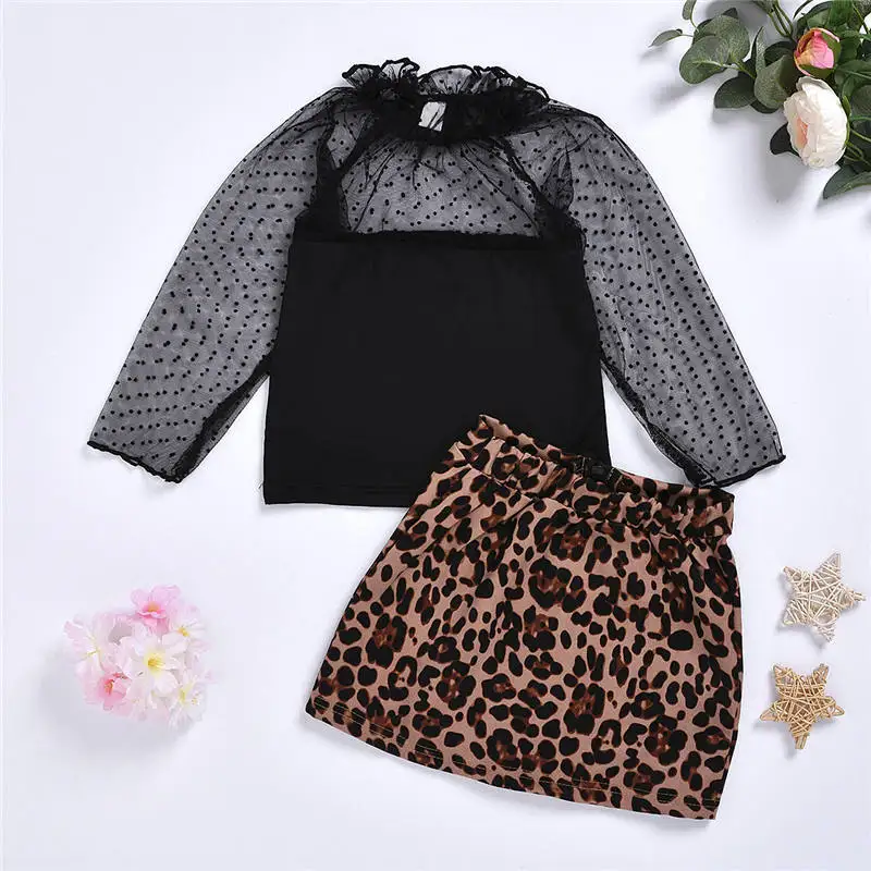 fashion kids girl clothes set leopard skirt black shirt (6)