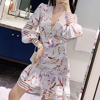 

2020 New Spring Fashion Women Clothing V-neck Lantern Sleeves Lace Hollow Out Sexy Women Dress Female Vestido Wholesales M033