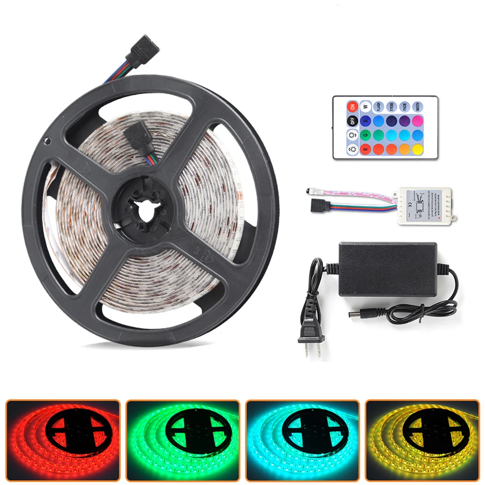 

1Roll 5M LED RGB Strip Lights Waterproof 5050 SMD Flexible Ribbon Led Light Strip Tape Diode 100-240V Remote Control Adapter