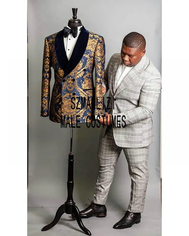 Terno Masculino Coat Pants Suits Men Navy Blue Velvet Lapel Gold Floral Double Breasted Tuxedo Groom Wedding Suits For Men