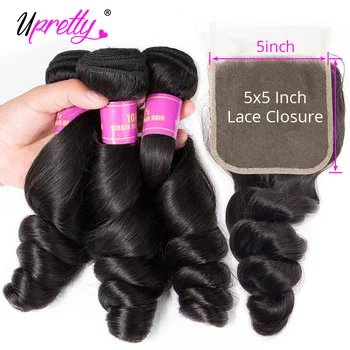 

Upretty Hair 5x5 Lace Closure WIth Bundles Brazilian Loose Wave Bundles WIth Closure Human Hair Weave 3 Bundles With Closure