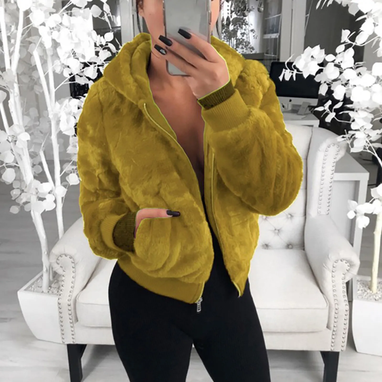 Women's Jackets Fashion Casual Hooded Rabbit Zipper Prokets Solid Long Sleeve Plush Coat Winter Warm Zipper Outwear Loose Coat 2