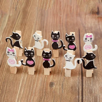

10Pcs/Pack Black White Cat Wooden Clips Japanese Style Hemp Rope Mini Photo Clip Paper Bag Students DIY Art Crafts Tool
