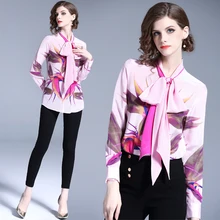  Bowtie Collar Printed Runway Shirt Autumn 2021 Women Sweet  Long Sleeve Button Up Blouse Office Lady Slim Shirt Beautiful Tops 