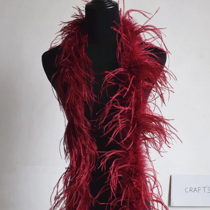 Wine red Красивые 2 м 1 полосы натуральные перья страуса боа качество пушистые костюмы/отделка для вечерние/костюм/шаль/доступны - Цвет: Wine red