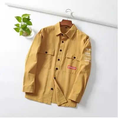 yellow Хорошее качество! Мужская хлопковая однотонная Повседневная Рабочая Рубашка с буквенным принтом, Мужская свободная мягкая рубашка с длинным рукавом TB3838 - Цвет: yellow