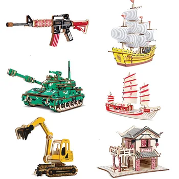 

DIY 3D Sailing Ship Gun House Vehicle Model Wooden Puzzle Jigsaw Game Assembly Craft Kits Educational Toys Children Adult Gift