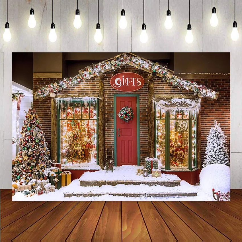 

Photography Background Winter Snow Christmas Tree Door Flash Gift Decoration Christmas Tree Backdrops Photo Studio Photo Prop