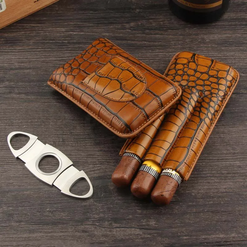 

GALINER Cigar Leather Case Travel Humidor Mini Portable Cigar Box Humidor Outdoor For 3 Cohiba Cuban Cigars W/ Cigars Cutter