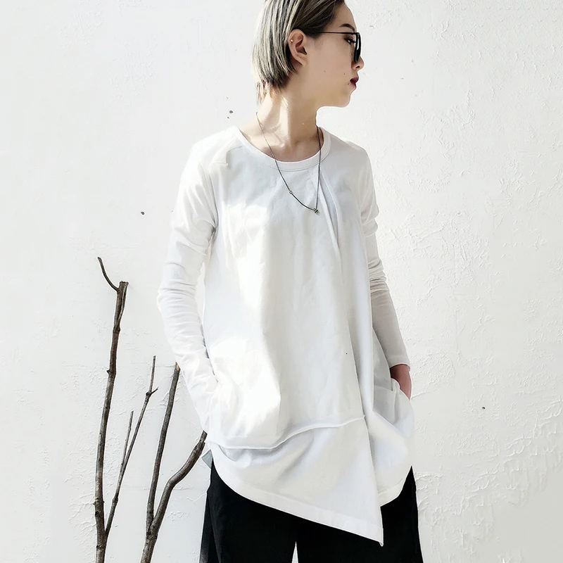 [EAM] новая осенне-зимняя футболка с круглым вырезом, длинным рукавом, белая, свободная, неровная, с разрезом, с подолом, индивидуальная футболка, Женская мода JO470