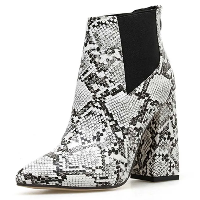 

Women snakeskin Boots Thick High Heels Women Ankle Boots Print Snake Pu Female Boot Shoes Zip Pointed Toe Footwear Bootie Shoes