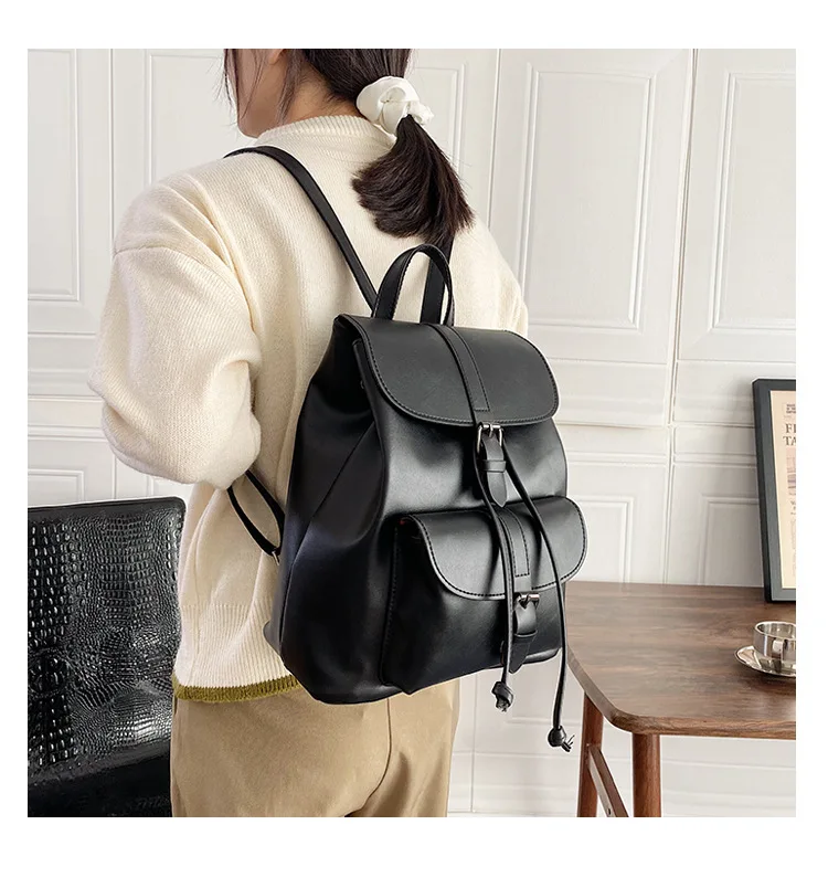 stylish work backpack Women Drawstring Backpack PU Leather School bags Teenage Girls Belt decoration Backpacks for female High quality ladies Bagpack stylish eco friendly backpacks