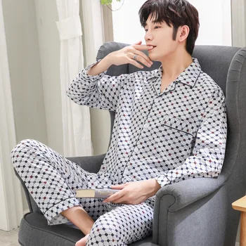 

2020 Pajamas Men Spring And Autumn Thin Knit Cotton Cardigan Fold-down Collar Long-sleeve Suit Middle-aged Loose-Fit Home Wear
