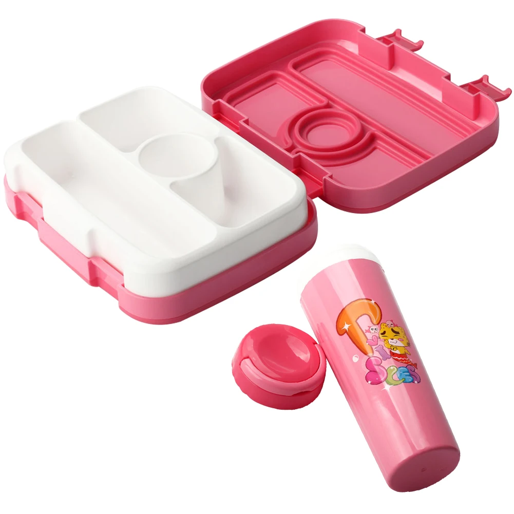 

School Picnic Seal Meal Kids Container Portable Leak Proof Food Storage Multi Grid Lunch Box Set Cartoon With Bottle