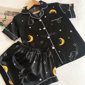 

Silk Pajamas for Women Pyjama Satin Femme Night Star Moon Print Pajamas Set Shorts and Top Female Women's Home Suit Sleepwear