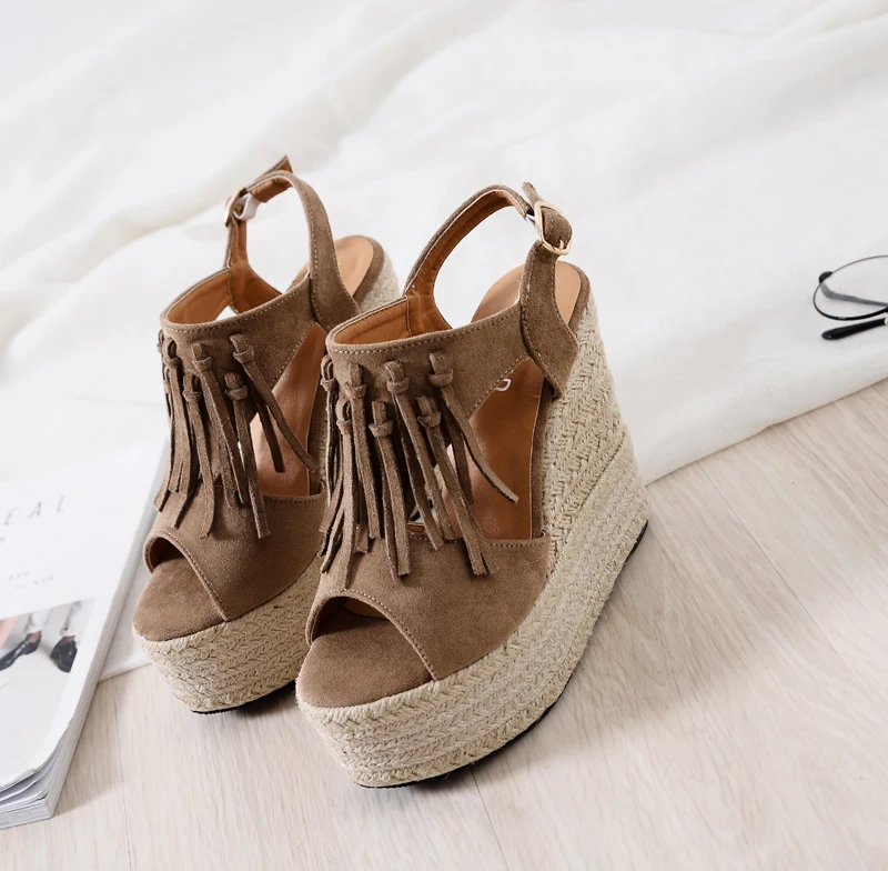 new ultra high heel wedge sandals waterproof platform muffin thick bottom Roman tassel women's sandals small size shoes 32