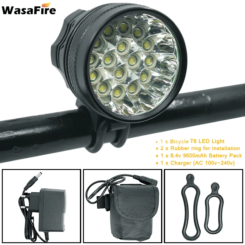 WasaFire 16x T6 светодиодный велосипедный светильник 40000lm велосипедный головной светильник передняя лампа велосипедный светильник 8,4 в 9600 мАч 18650 аккумулятор+ зарядное устройство - Цвет: black 9600mAh