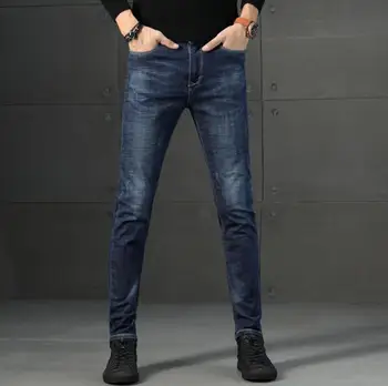

NEW 2020 male frayed slim small straight men's pants em8 blue stretch youth long pants AA693-01-09