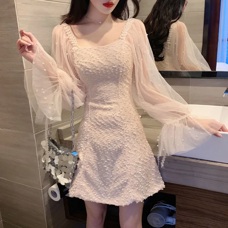 Kaufen Frühling sommer frauen mesh perle kleid nähte mesh dünnes kleid puff lange hülse taille elegante partei kurzen kleid weibliche WA200