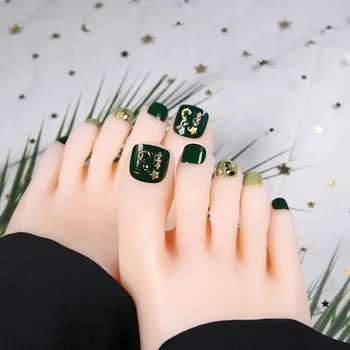 

Green Star Moon 3D Rhinestone Rivets Decor False Toe Nails Full Cover Short Square Head Summer Fake Nails with Glue DIY style