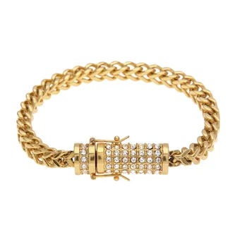 

Hip Hop Stainless Steel Keel Bracelet Gold Silver Men's Chain Cuba Bracelet Rhinestone Franco Bracelet Punk Style Frame Buckle
