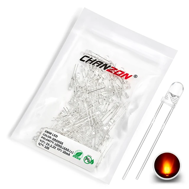100pcs 3mm LED Diode Kit Light Emitting Warm White Red Blue Green UV Orange Yellow Pink Color Bulb Lamp Set 3V PCB Assortment 100pcs Orange