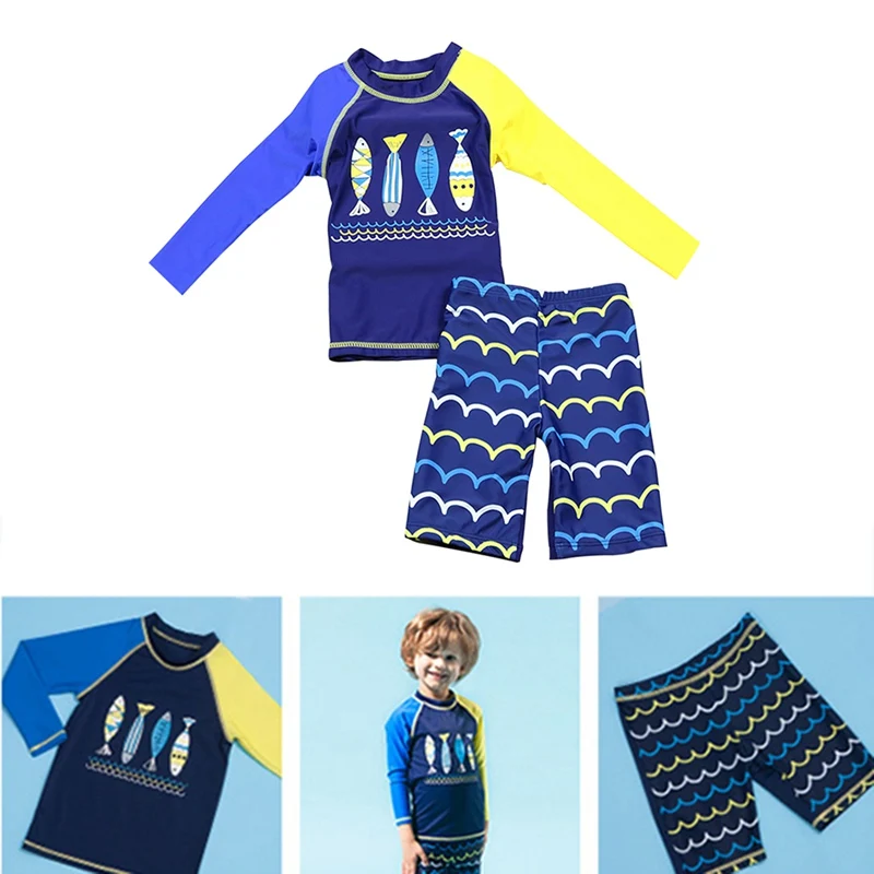 

Boy Swimwear Children Kid Printed Nylon Long Sleeve + Sunshade Shirt Fifth Pants Shorts Swimsuit Beach Suit Swimming Surfing