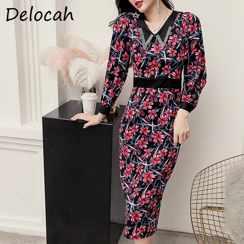 

Delocah Autumn Women Fashion DesignerÂ Pencil Dress Crystal Beading Lantern Sleeve Floral Print Ladies Bodycon Midi Dresses 2020