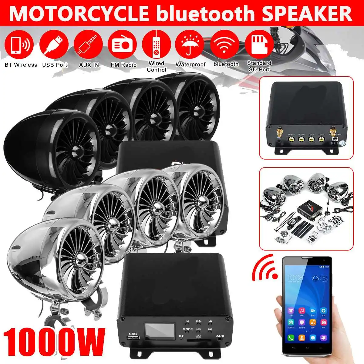1000W Motorcycle Speaker Bluetooth Amplifier Waterproof Audio Stereo 4 Speaker MP3 FM Radio System for Motorcycles/ATV/UTV/Boat 