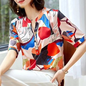 

2020 Summer Print 100% Silk Blouse Office Women's Shirt Short Sleeve Shirts Women Tops Blouses Plus Size blusa feminina L652