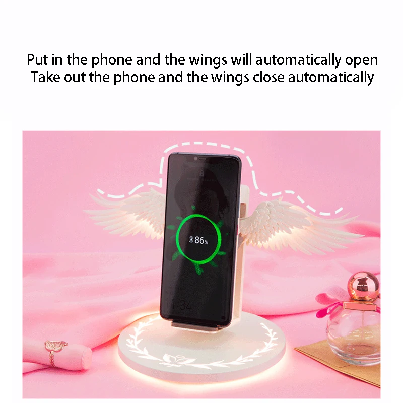 10 Вт Беспроводное зарядное устройство Ангел крылья ночной Светильник мобильный телефон Беспроводное зарядное устройство для Android Apple USB быстрая зарядка ночной Светильник