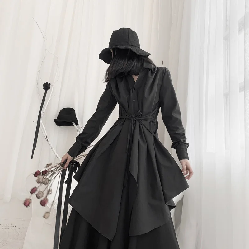  [EAM] Women Black Asymmetrical Long Blouse New Lapel Long Sleeve Loose Fit Shirt Fashion Tide Sprin