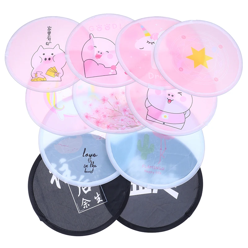 High Quality Polyester Cartoon Mini Round Disc Portable Fan Folding Pocket Wallet Flyer Handheld Fan