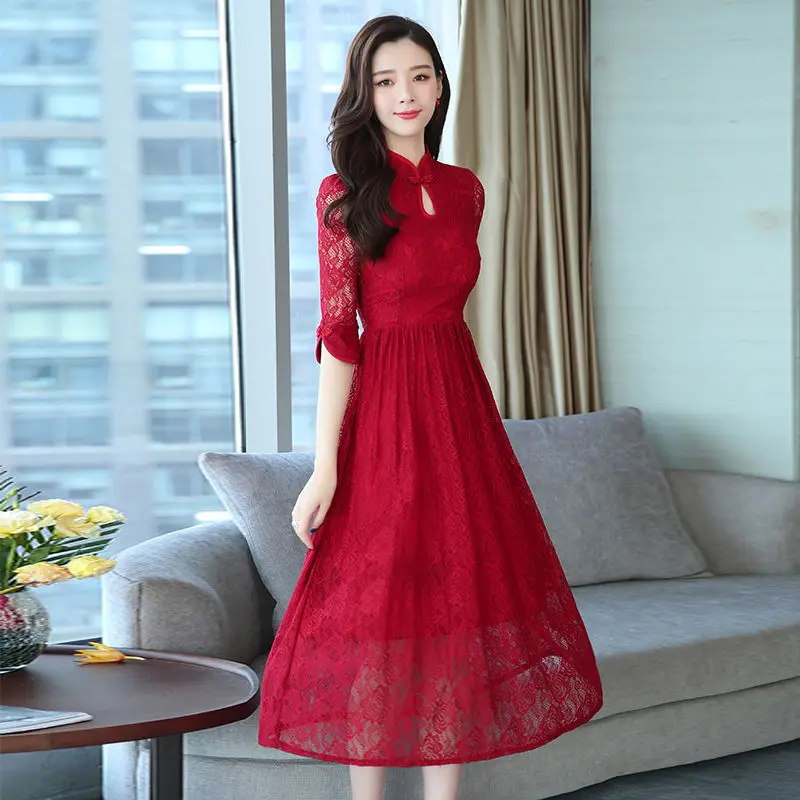

2019 Spring New Style Vintage Improved Cheongsam Long Skirts Women's Long Elegant Elegant Slim Fit over-the-Knee Lace Dress