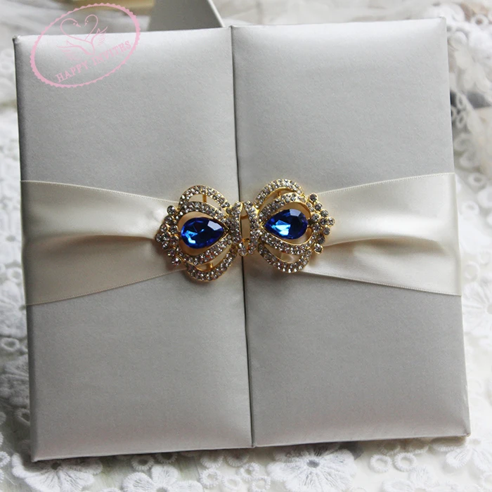 HI2003-135 Customzied Beige Silk Folder  Wedding Invitation with Peacock Blue Diamonds Booch Made in China More Colors Available